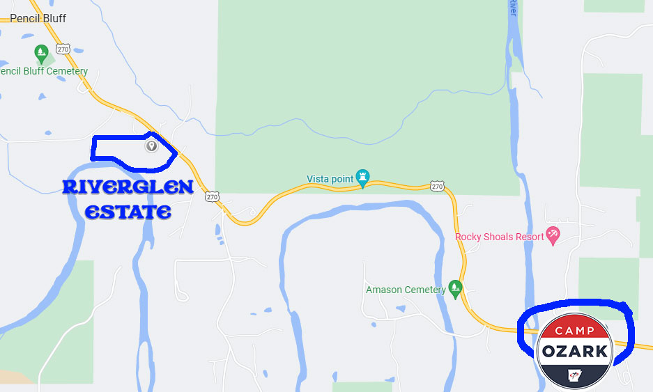 Map showing short distance between Camp Ozark and Riverglen Cabin